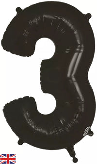 Oaktree black foil balloon shaped as the number 3, 34 inches tall, inflated and floating against a plain background.
