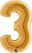 Gold Grabo foil balloon shaped as the number 3, 40 inches tall, with shiny metallic finish and reflective surface.