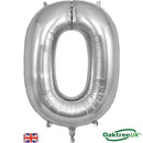 Oaktree Silver 34-inch foil balloon shaped as the number 0, shiny metallic finish, ideal for celebration decorations.