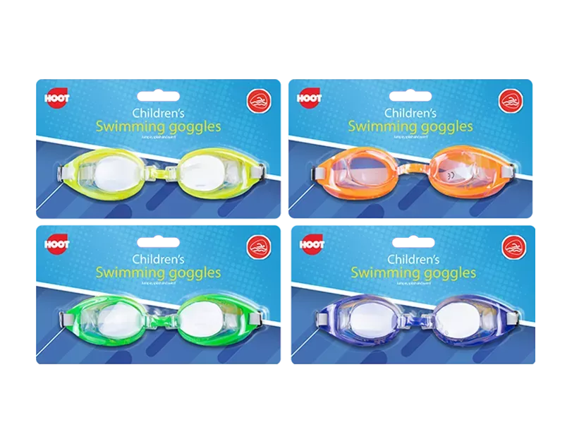 Children's swimming goggles by Gem Imports with colorful adjustable straps, designed for comfort and clear underwater vision.