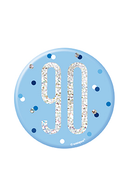 Blue Glitz Age 90 badge by Unique, 3-inch celebration badge with sparkling design and bold lettering for special milestone.