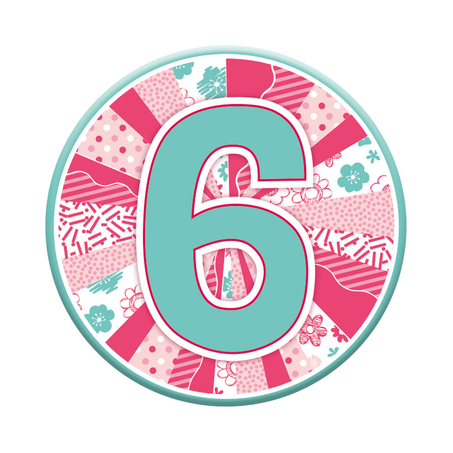 Set of six Tiger Feet birthday badges featuring the number 6, perfect for celebrating a child's sixth birthday.