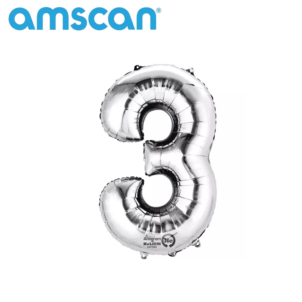 Silver 16-inch Anagram foil balloon shaped as the number 3, shiny metallic finish, perfect for celebrations and decorations.