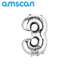Silver 16-inch Anagram foil balloon shaped as the number 3, shiny metallic finish, perfect for celebrations and decorations.