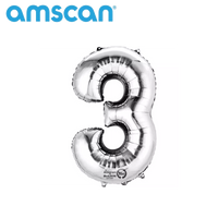 Silver 16-inch Anagram foil balloon shaped as the number 3, shiny metallic finish, perfect for celebrations and decorations.