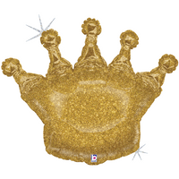 Gold holographic foil crown balloon with glittering design, 36 inches, branded by Grabo, shown inflated with reflective surface and crown shape.