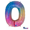 Grabo rainbow foil balloon in number 0 shape, 40 inches tall, with vibrant rainbow colors and shiny metallic surface.
