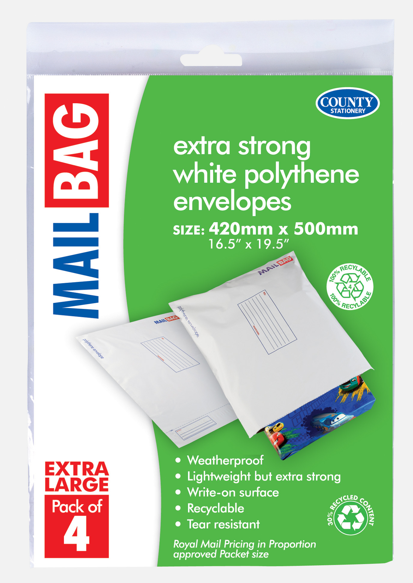 County Stationery 4 Pack Mail Bags 420x500mm