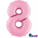 Pastel pink Grabo foil balloon shaped as number 8, measuring 40 inches, celebrating with colorful number 8 balloon.