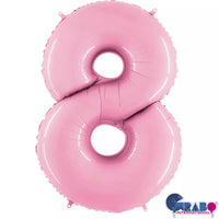 Pastel pink Grabo foil balloon shaped as number 8, measuring 40 inches, celebrating with colorful number 8 balloon.