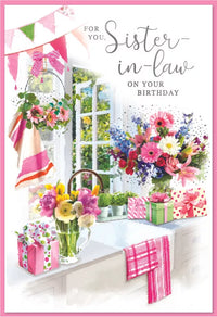 Simon Elvin C50 birthday sister-in-law cards, six-pack featuring colorful designs and heartfelt messages for special occasions.