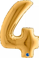 Gold Grabo foil balloon shaped as the number 4, 40 inches tall, decorative for celebrations and special events.