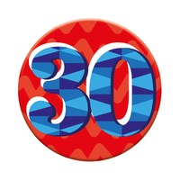 Six small Tiger Feet birthday badges displaying the number 30, perfect for celebrating a 30th birthday event.