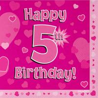 5th Birthday Pink 3-ply Napkins 33x33cm 16pk