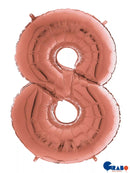 Rose gold Grabo foil balloon shaped as the number 8, measuring 26 inches, with shiny metallic finish and decorative design.