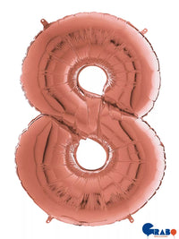 Rose gold Grabo foil balloon shaped as the number 8, measuring 26 inches, with shiny metallic finish and decorative design.