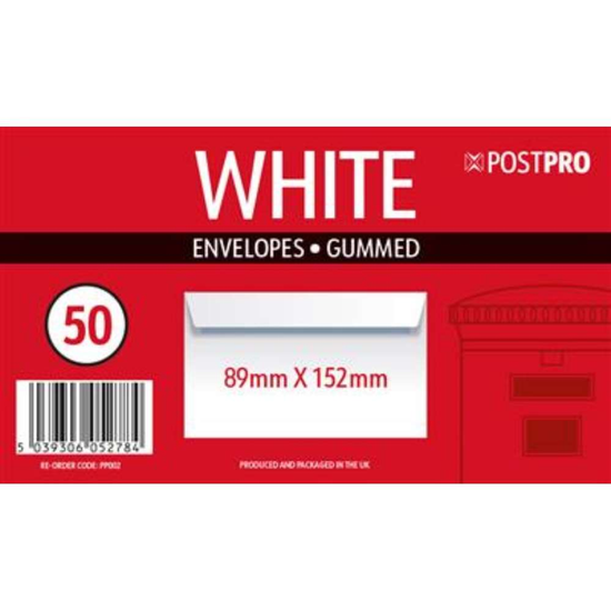 Post Pro Gummed Envelopes White 89x152mm 50pk