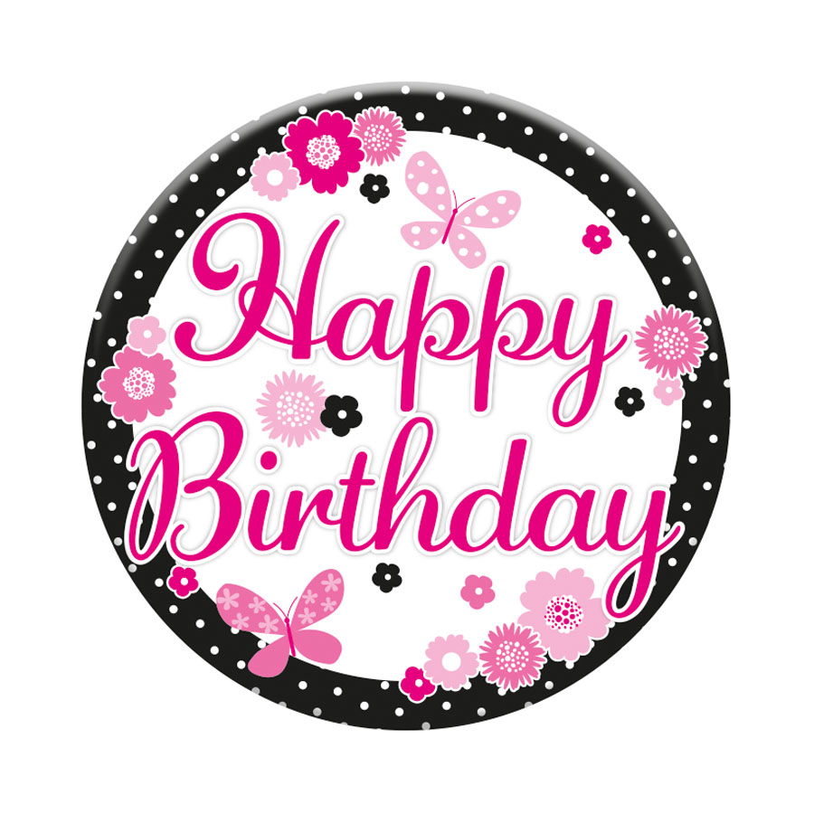 Six small birthday-themed badges by Tiger Feet featuring open design with colorful birthday graphics and playful lettering.