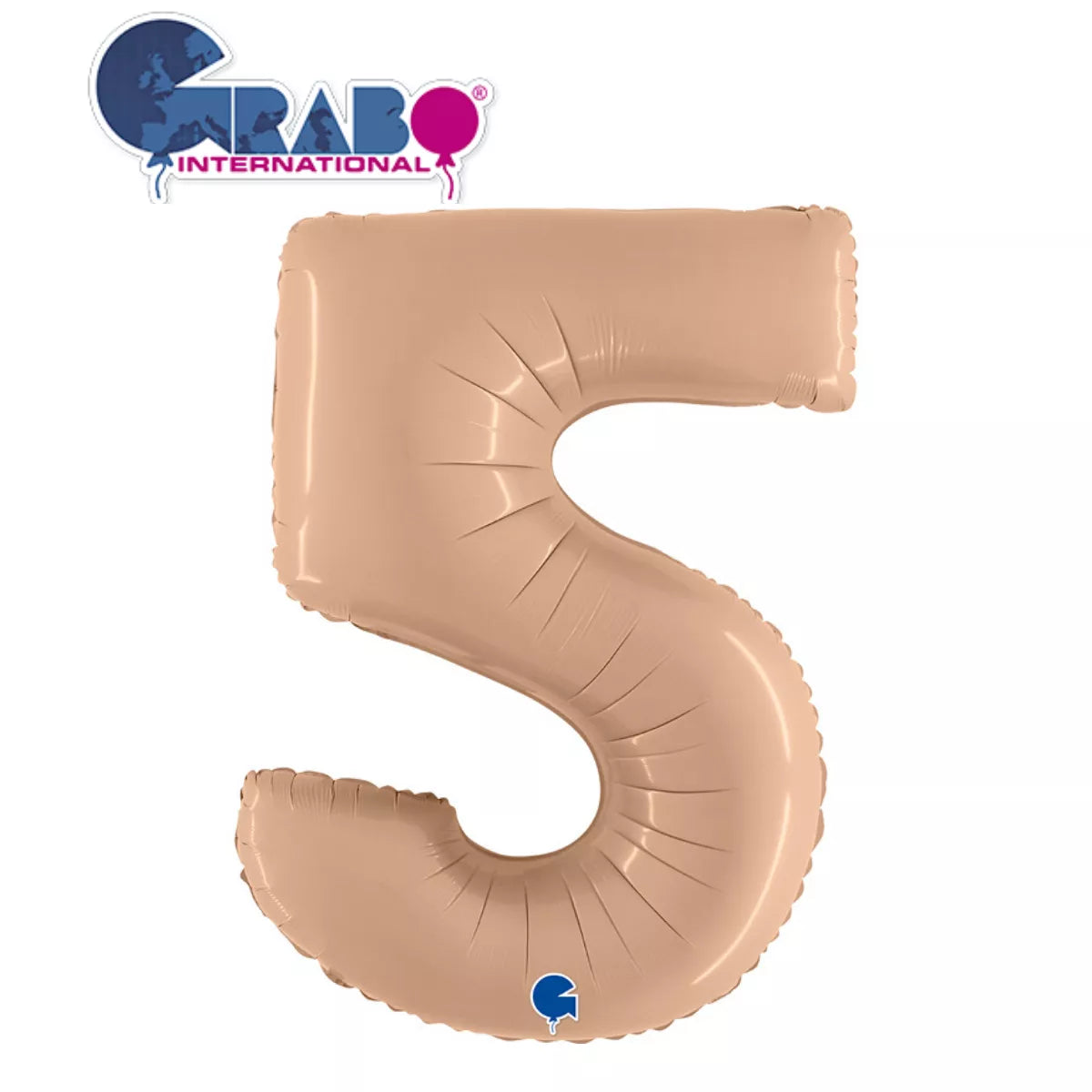 Grabo satin nude foil balloon in 40-inch number 5 shape, shiny and festive for celebrations and parties.