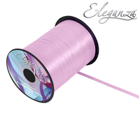 Pink Eleganza Ribbon Light Pink 5mm wide balloon ribbons, 500 yards long, shown in a rolled and partially unspooled view.