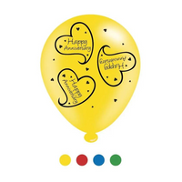 Eight 10-inch APAC latex printed balloons with "Happy Anniversary" in assorted colors, suitable for celebration decorations.