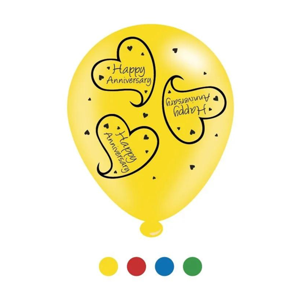 Eight 10-inch APAC latex printed balloons with "Happy Anniversary" in assorted colors, suitable for celebration decorations.