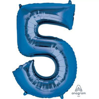 Blue 34-inch Anagram foil balloon shaped as the number 5, perfect for celebrations and events.
