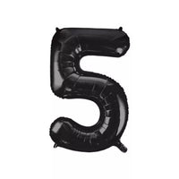 Black foil balloon shaped as the number 5, 34 inches tall, from Unique, suitable for celebrations and decorations.