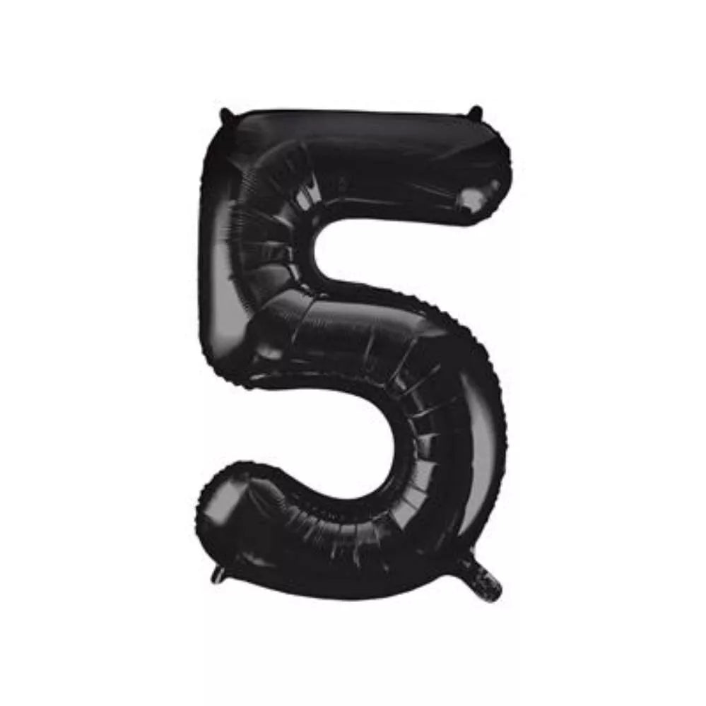 Black foil balloon shaped as the number 5, 34 inches tall, from Unique, suitable for celebrations and decorations.