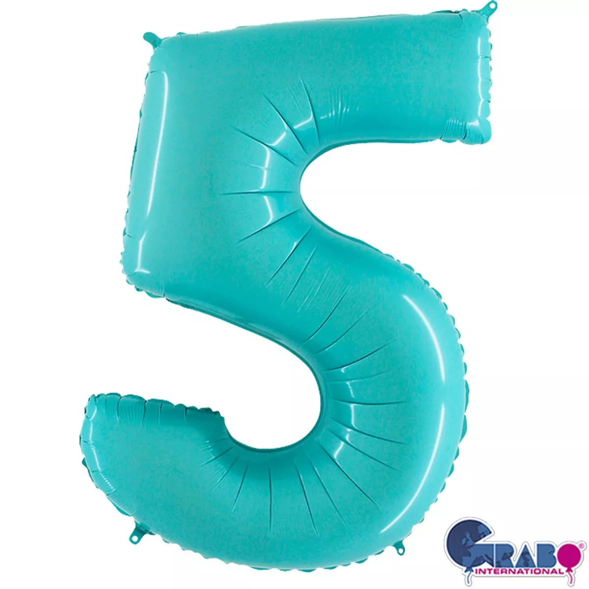 Pastel blue Grabo foil balloon shaped as the number 5, measures 40 inches, ideal for celebrations and party decorations.