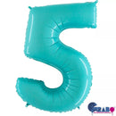 Pastel blue Grabo foil balloon shaped as the number 5, measures 40 inches, ideal for celebrations and party decorations.