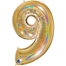Colorful Grabo foil balloon in holographic gold with the number 9, measuring 40 inches, featuring glitter accents.