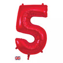 Red Oaktree foil balloon shaped as number 5, 34 inches tall, designed for celebrations and party decorations.