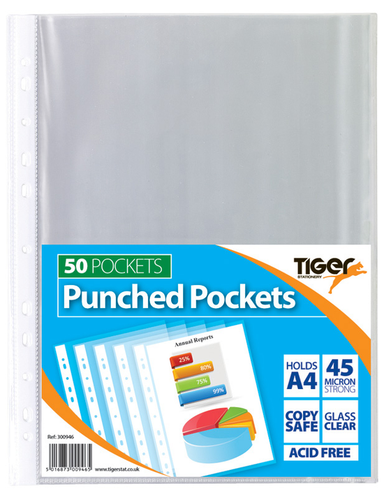 Tiger Stationery 50 Pack Punched Pockets A4