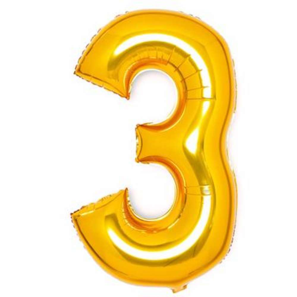 Gold 34-inch Anagram foil balloon shaped as the number 3, shiny metallic finish, perfect for celebration and party decor.