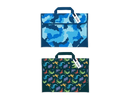 Set of three Gem Imports book bags featuring camouflage and dinosaur designs, measuring 31.5x38.5cm, ideal for gifts.