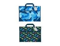 Set of three Gem Imports book bags featuring camouflage and dinosaur designs, measuring 31.5x38.5cm, ideal for gifts.