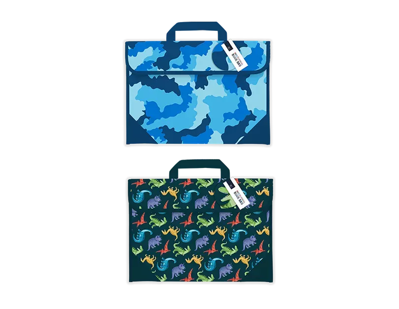 Set of three Gem Imports book bags featuring camouflage and dinosaur designs, measuring 31.5x38.5cm, ideal for gifts.