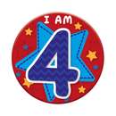 Six small birthday badges with the age 4 from Tiger Feet, featuring colorful designs and secure pin backs.