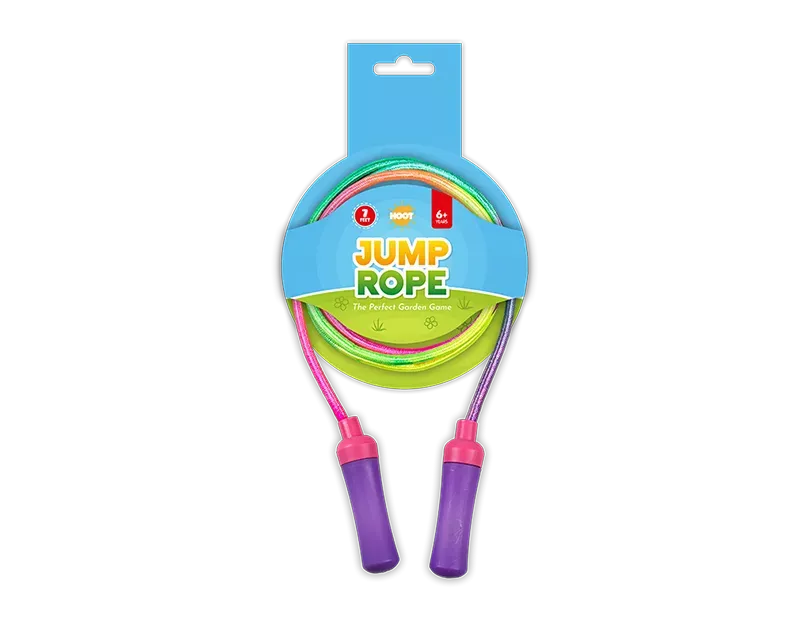 7ft Gem Imports jump rope for kids and adults, featuring colorful handles and durable nylon rope for active play and fitness.
