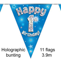 Bunting 11 Flags Blue Holographic Birthday Age 1