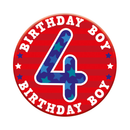 Six small birthday badges with the age 4, featuring colorful designs from Tiger Feet, perfect for celebrating a fourth birthday.