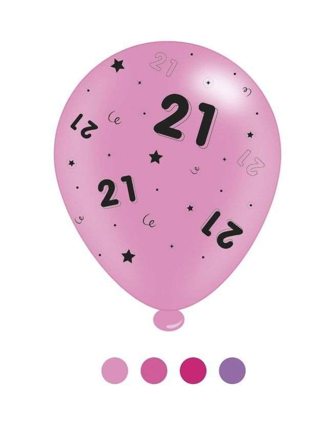 Pink 10-inch latex balloons with "Age 21" printed, ideal for birthday celebrations, from APAC.