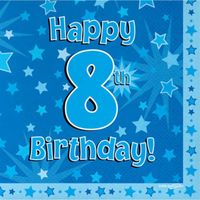 8th Birthday Blue 3-ply Napkins 33x33cm 16pk