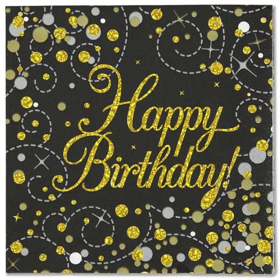 Oaktree Fizz Birthday Black & Gold Napkins 16pk