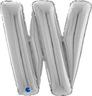 Silver 26-inch Grabo foil balloon in the shape of the letter W, inflated and floating against a plain background.