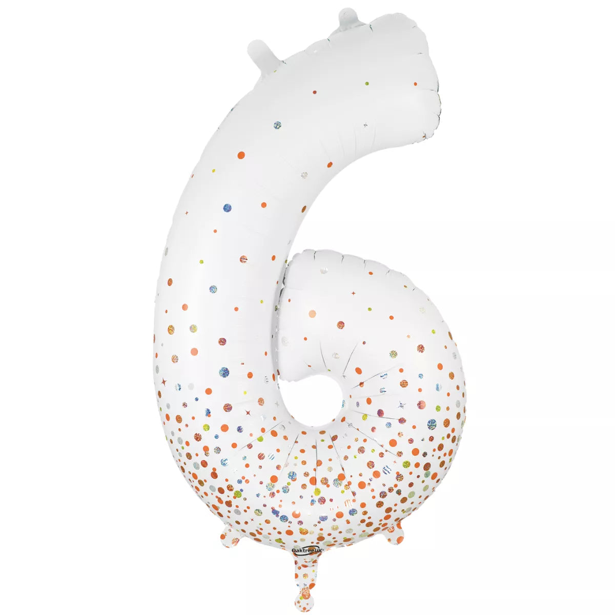 Oaktree foil balloon number 6 in fizz rose gold, 34 inches tall, shiny metallic balloon for celebration and decoration.