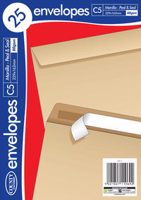Manilla Peel & Seal C5 envelopes, 162x229mm, County Stationery, 25-pack, with secure self-adhesive flap for mailing and packaging.