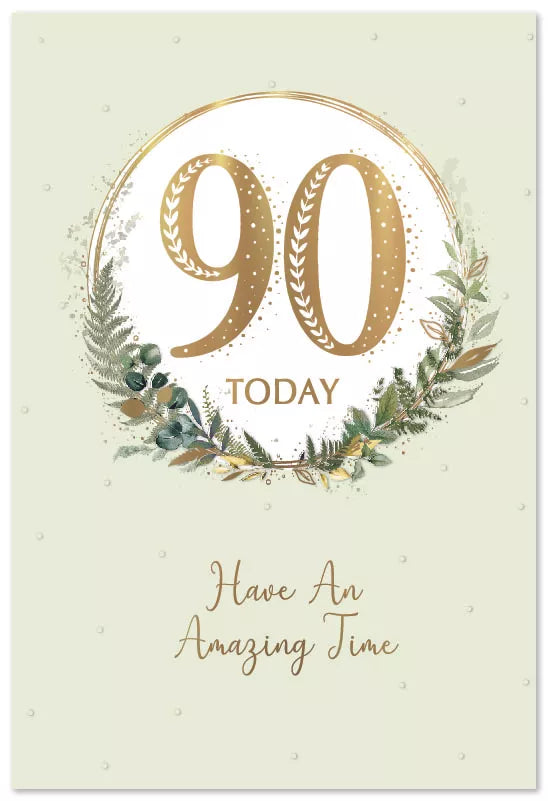 Six Simon Elvin C50 birthday cards featuring the number 90, with colorful designs and celebratory graphics for milestone birthdays.