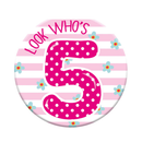 Six small Tiger Feet birthday badges with the number 5 for age celebrations, perfect for party decorations.